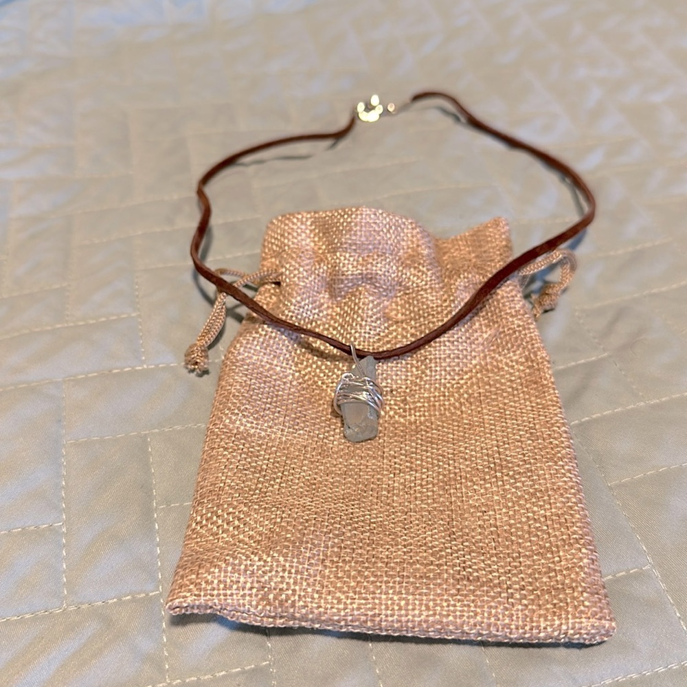 NWOT light blue stone necklace with brown leather “chain”